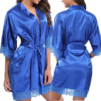 Sieviešu Satīna Zīda Peldmētelis Šaura V-veida Kakla Īsā Mežģīņu Apdari Kimono Drēbes Bridesmaids Naktskrekls Sleepwear