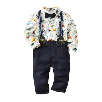Zēnu Apģērbu Komplekti, 2019. Gada Rudenī Toddler Bērniem Džentlmenis Drēbes Uzvalku, Baltu Kreklu+(Dungriņi) 2GAB Apģērbu Komplekti Bērnu Zēnu Apģērbi
