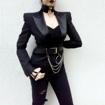 Modes Sievietes Melna Ādas Josta Goth Multi Link Ķēdes Big O Ring Sieviešu Josta Gadījuma Sprādzes Ilgi Plašu Cinturones