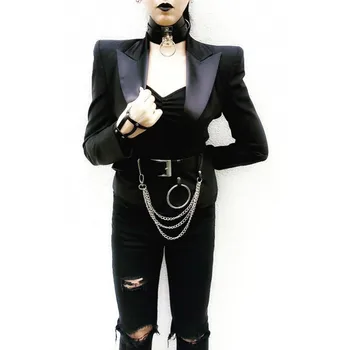 Modes Sievietes Melna Ādas Josta Goth Multi Link Ķēdes Big O Ring Sieviešu Josta Gadījuma Sprādzes Ilgi Plašu Cinturones