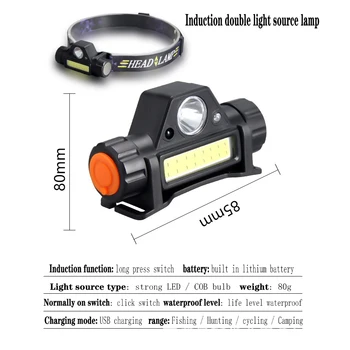 LED lukturis spēcīgu Mini uzlādējams cob sensors lukturis ūdensizturīgs āra galvassegas litija akumulators nakts zvejas lukturis