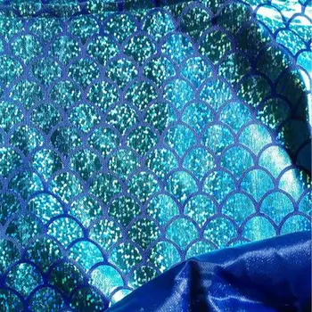 1m Ezera zilā lāzera mazo zivju mēroga zelta adīts audums, Sirēna, dekoratīvs audums skatuves sniegumu apģērbu audums, 150cm plats