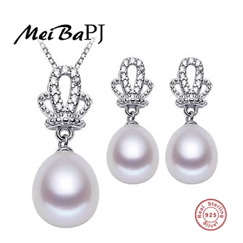 [MeiBaPJ]Jauns modes rotaslietas komplekts sievietēm eleganto 925 sterling silver crown, kulons, kaklarota&auskari augstākās kvalitātes pērļu rotaslietas