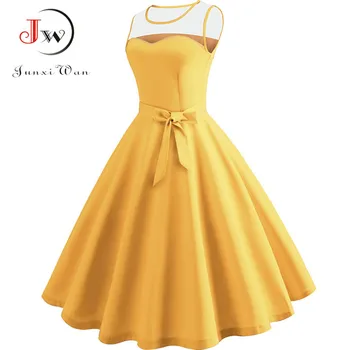 Vasaras Hepburn Vintage Kleitas Sievietēm Sarkans Dzeltens Zils, Purpura Rockabilly Tunika Mežģīnes Raibs Sexy Puse Kleita drēbes femme