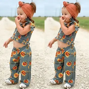 2GAB Baby Toddler Meitenes Ziedu Drēbes Izslēgts Plecu Crop Topi+Bikses Tērpiem Meiteņu Drēbes, Uzstādīt