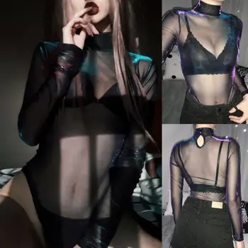 Neto Dzijas Jumpsuits Sievietēm ar garām Piedurknēm Dobi No Acs Fishnet sieviešu Goth Gothic Sexy Krekls Top Blūze 2020