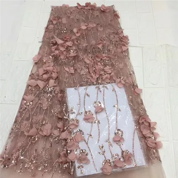 2018 Jauna Dizaina 3D francijas rozā Krelles Neto Mežģīnes, Audums Izšūts Tills Ķīmiskā guipure Āfrikas Mežģīņu Audums Kāzu Kleita