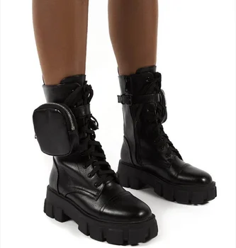 Sieviešu Modes Kabatas Boot PU Mežģīnes Up Dāmas AnkleFemale Sprādzes Siksna Melnā Chunky Vienīgais Maisiņš Potītes Zābaki Sieviete Platforma