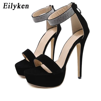Eilyken Platformas, Papēži Zip Sandales Sieviešu Vasaras Augstpapēžu Kurpes Kristāla Peep Toe Slaidi Black Zapatos Mujer Dobi Sūkņi