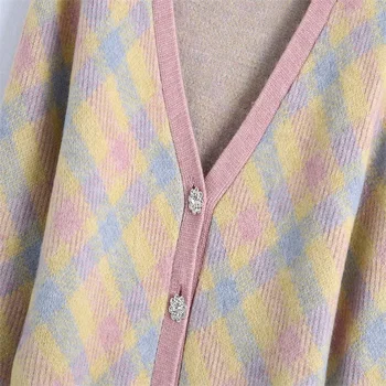 TRAF Sievietes Ir 2021. Modes Rhinestone Pogu Apgriezts Argyle Adītas Vintage Džemperis ar garām Piedurknēm, Sieviešu Virsdrēbes Streetwear
