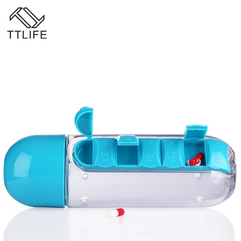 TTLIFE 2 In 1 Portatīvo 600ML Plastmasas Noslēgtos necaurlaidīgos Ūdens Pudele Ar Ikdienas Pill Box Organizators Āra Drinkware Ar Vāku