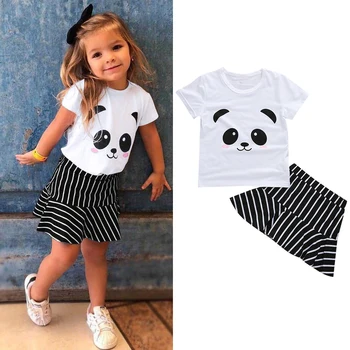 Vasaras Bērnu Meitene Apģērbs Ar Īsām Piedurknēm Karikatūra Panda Print T-Veida Topi Gadījuma T-Krekls+Svītrains Svārki Ruffles Jauki Roupa Menina