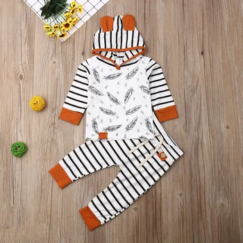 Toddler Infant Baby Meiteņu Drēbes Rudenim Tracksuit Svītrainām Iespiesti Kapuces Džemperis+Zeķes Bikses Apģērbs Komplekts 0-24M