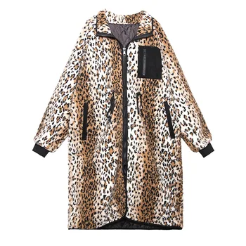 Leopards Drukāt Garās Ziemas Sievietei Mētelis 2020. Gadam, Liela Izmēra Silts Atdarina Vilnas Jaka Plus Lieluma Bieza Kokvilnas Sieviešu Virsdrēbes Dāmas