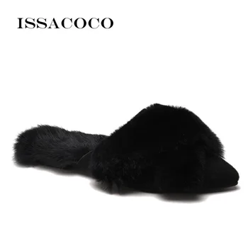 ISSACOCO Modes Sieviešu Čības Ziemas Mākslīgās Kažokādas Slaidi Dāmas Silts Plīša Mūļu Paslīdēt Uz Gadījuma Dzīvoklis Kurpes Sieviete, Pūkains Flip Flops