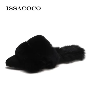 ISSACOCO Modes Sieviešu Čības Ziemas Mākslīgās Kažokādas Slaidi Dāmas Silts Plīša Mūļu Paslīdēt Uz Gadījuma Dzīvoklis Kurpes Sieviete, Pūkains Flip Flops