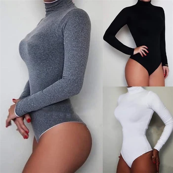 Augstu Uzrullētu Apkakli Ar Garām Piedurknēm Cietā Balta Sexy Bodysuit Sieviešu Melns Rudens Ziemas Ķermeņa Augšējā Pelēkās Ikdienas Dāma Streetwear Bodysuits