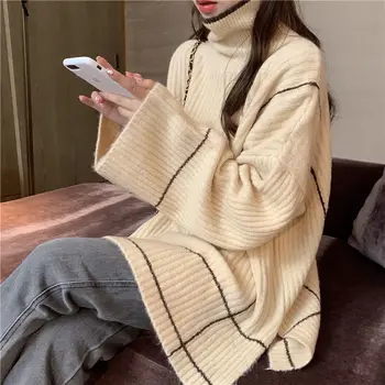 Džemperi, Sievietēm, augstu uzrullētu apkakli Šiks Visu maču Svītrainām Visu maču Baggy Ulzzang Puloveri korejiešu Stilā Vintage Vienkārša Retro Gadījuma Jaunas