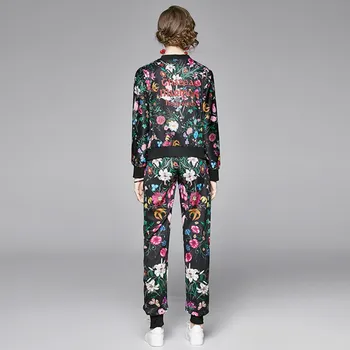 2020. gada rudenī Eiropas modes Gadījuma sievietes, ziedu apdrukas jaka jaka + bikses 2 gabals komplekti