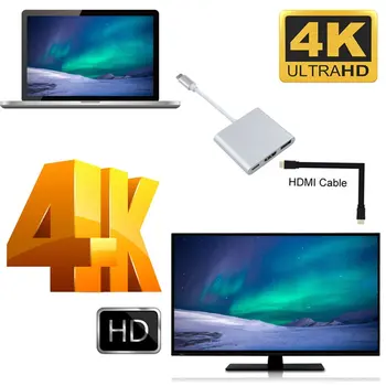 3 in 1 USB-C HDMI ir savietojams ar Apple Macbook USB 3.1 Thunderbolt 3 C Tipa HDMI-saderīgam 4K Hub Adaptera Kabeli 1080P