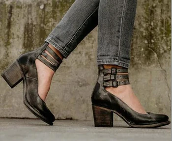 Pavasarī un rudenī jaunu vintage augsta papēža potītes josta fang ar augstu papēdi sekla muti sieviešu vienotā kurpes 40-43