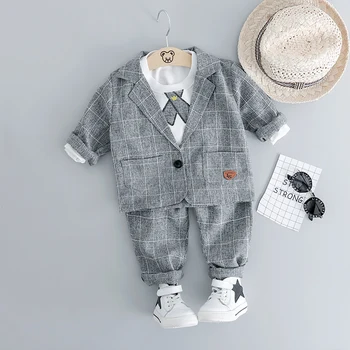 HYLKIDHUOSE Pavasarī Baby Zēnu Apģērbu Komplekti, Vīriešu, Bērnu Ikdienas Apģērbu Džentlmenis Stila Toddler Zīdaiņu Pleds Mēteļi T Krekls Bikses
