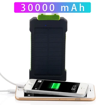 Saules Enerģijas Bankas 30000mAh Dual USB Ūdensnecaurlaidīga Saules Lādētāju Strāvas Banka Portatīvo Ārējo Akumulators Powerbank ar LED Gaismas