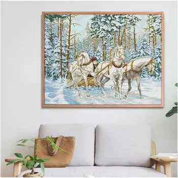 Pārvadājumi, sniega krustdūrienā komplektu, Trīs balta zirga dzīvniekiem Modelis 14ct11ct skaits Drukātās gleznas izšūšanas komplekts DIY amatniecības