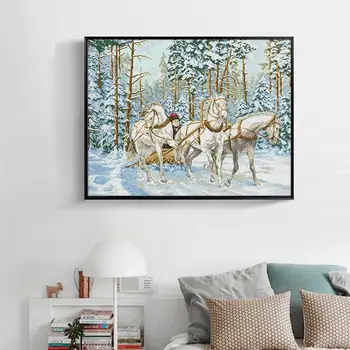 Pārvadājumi, sniega krustdūrienā komplektu, Trīs balta zirga dzīvniekiem Modelis 14ct11ct skaits Drukātās gleznas izšūšanas komplekts DIY amatniecības