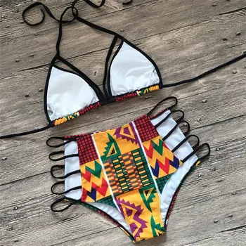 YICN 2018 Sexy backless bikini Āfrikas Drukāt Peldmēteļi, Augsts Viduklis peldkostīms Pavada Top Bikini Komplekts Pludmales Push Up peldkostīmi