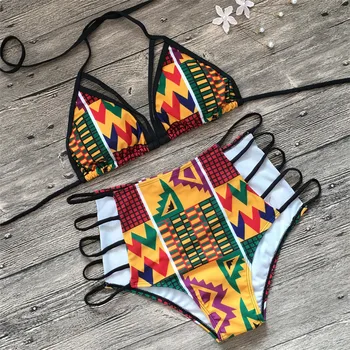 YICN 2018 Sexy backless bikini Āfrikas Drukāt Peldmēteļi, Augsts Viduklis peldkostīms Pavada Top Bikini Komplekts Pludmales Push Up peldkostīmi