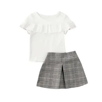 1-ź5 y Zīdainis, Mazulis Mazulis Meitenes Apģērbu Komplekts Baltā krāsā Ruffles T krekls + Pelēks Pleds Svārki Vasarā Bērniem Meiteņu Kostīmi