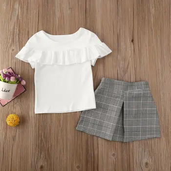 1-ź5 y Zīdainis, Mazulis Mazulis Meitenes Apģērbu Komplekts Baltā krāsā Ruffles T krekls + Pelēks Pleds Svārki Vasarā Bērniem Meiteņu Kostīmi
