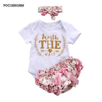 Pudcoco ASV Akciju 3pcs Infant Baby Girl Apģērbu ar Īsām Piedurknēm Kokvilnas Vēstuli Romper Jumpsuit Ziedu Īss Elsas Apģērbs Apģērbs