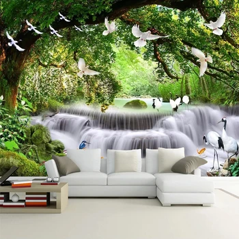 Dabas Ainava Pielāgotas 3D Foto Tapetes Zaļā Mežu Ūdenskritums Putnu Liela Mūra Dzīvojamā Istaba Guļamistaba Fona Sienas Dekori