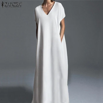 Sieviešu Pludmales Sundress ZANZEA ir 2021. Modes Vasaras Maxi Kleita Gadījuma V Kakla Ilgi Vestidos Sieviešu Īsām Piedurknēm Drēbes Plus Izmēra 5XL