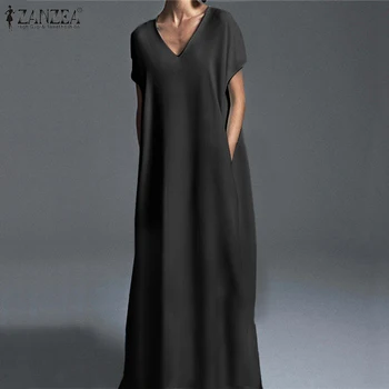 Sieviešu Pludmales Sundress ZANZEA ir 2021. Modes Vasaras Maxi Kleita Gadījuma V Kakla Ilgi Vestidos Sieviešu Īsām Piedurknēm Drēbes Plus Izmēra 5XL