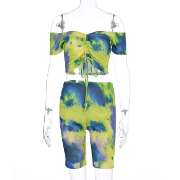 2020. gada Vasarā Jaunu Kaklasaiti Krāsošanas Tracksuit Sievietes 2 Gabals Apģērbs, Svētku Apģērbs ar Īsām Piedurknēm Augšu un Biker Sviedri Bikses Uzvalki Komplekts