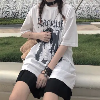 Sieviešu Harajuku Goth Estētisko Kokvilnas T-krekli ar Īsām Piedurknēm O-veida kakla Black Print Rakstīt Vintage Streetwear Punk Lielajam Topi ir 2021.