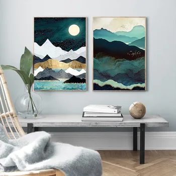 Meža kalnu saulrieta ainavas plakātu sienas mākslas abstraktā audekls gleznošanai, lai dzīvojamā istaba