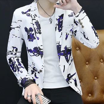 Ziedu Drukāt Žakete, Jaka Vīriešiem korejas Tendence Streetwear Vīriešu Apģērbu Ikdienas žakete Vīriešu Slim Fit žakete masculino