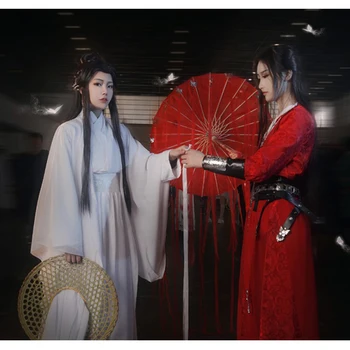 Eraspooky Unisex Xie Lian Cosplay Kostīmu Tian Guan Ci Fu Cosplay Xielian parūkas Bambusa Cepuri Prop Balts Han Fu Anime Apģērbs