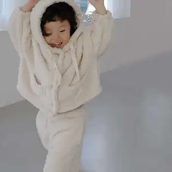 Baby Zēni korejas Plīša Silts Mētelis Kapuci + Garās Bikses Divus Gabalus atbilstoši Bērniem ar garām Piedurknēm, Garās Sabiezējumu Japāna Gudrs 2GAB Drēbes