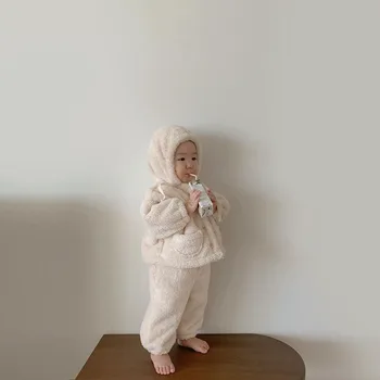 Baby Zēni korejas Plīša Silts Mētelis Kapuci + Garās Bikses Divus Gabalus atbilstoši Bērniem ar garām Piedurknēm, Garās Sabiezējumu Japāna Gudrs 2GAB Drēbes