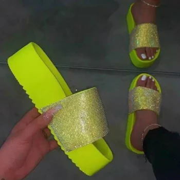 Sieviešu Vasaras Čības Ikdienas Papēža Rhinestone Peep Toe Mājas Dzīvokļu Sandales Modes Slaidi Pludmale, Āra Platformas Flip Flop Apavi