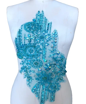 Piešūt rhinestones vizuļi pērlītes gaiši zilu mežģīņu aplikācijas kristālu apdare plāksteri 47*27cm par kleitu aksesuārs