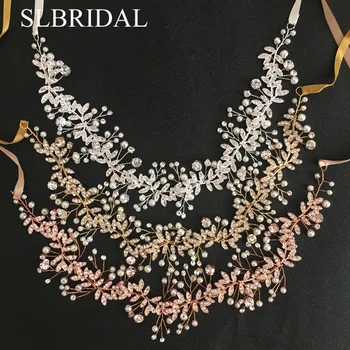 SLBRIDAL Rose Gold Crystal Rhinestone Pērles Kāzu Matu aksesuāri Hairband Līgavas Galvas Bridesmaids Rotaslietas Sievietes
