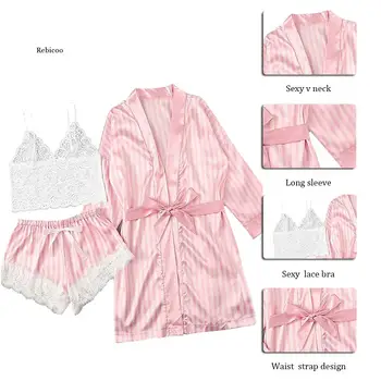 Ar garām piedurknēm Sieviešu Pidžamas Sexy Mežģīņu Apakšveļa, Apakšveļu, Naktsveļu Sleepwear 3PC Uzvalks Pajama Komplekti Sievietēm Pijama Mujer