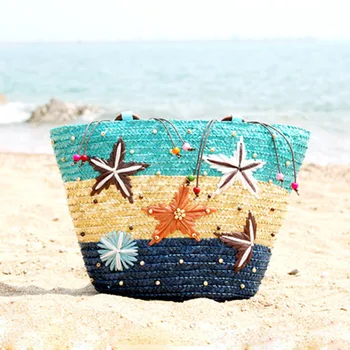 Paaudze, ar rokām austi audumi salmu trīs krāsu zvaigžņotām salmu maiss jūras zvaigzne soma pludmales soma vienpusēji austas somas