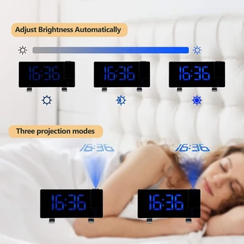 Projekcijas Modinātājs, 7 collu LED Izliekti-Sn Lielu Ciparu Displejs, Pielāgot Spilgtumu Automātiski, 12/24 Stundu,Dual Alarm C